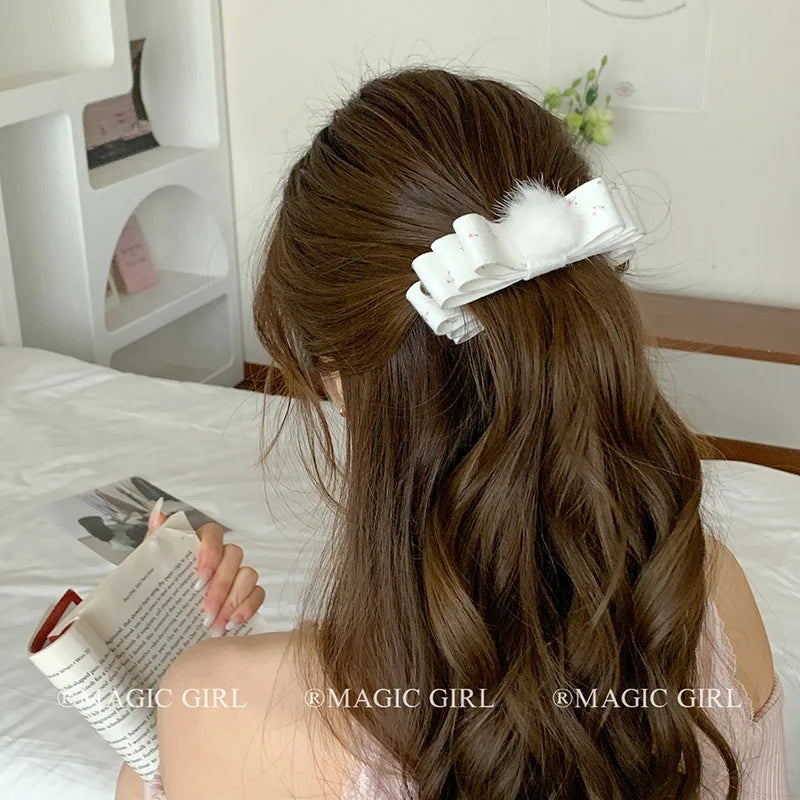 Women White Banana Claw Clips Elegant Sweet Bowknot Fuzzy Little Ball Flower Claw Clips for Girl Bulk Winter Hair Accessories