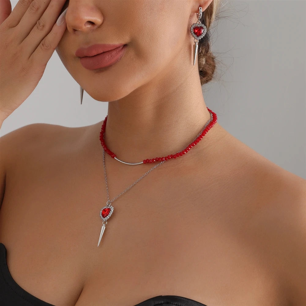Fashion Glitter Rhinestone Heart Shaped Necklaces for Girls Trendy Earrings Jewelry Sets Suits for Women Ladies Accessories