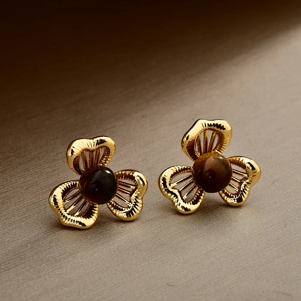 Women's Retro Bow Stud Earrings Coffee Hollowed-out Flowers Earrings Exquisite Fashionable and Elegant Earrings Jewelry Bulk