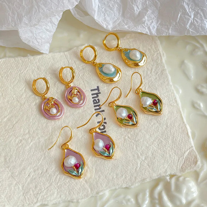 Women Elegant Green Copper Plated 18K Real Gold Freshwater Pearls Earring Jewelry Low MOQ Mixed Order Accepted for Daily Use