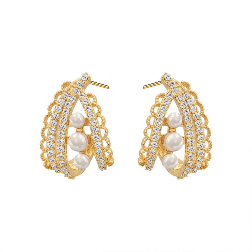 Exquisite Zirconium Lace Imitation Pearl Stud Earrings Women's Light Luxury High-end Elegant Sweet Earrings Jewelry 2026 New