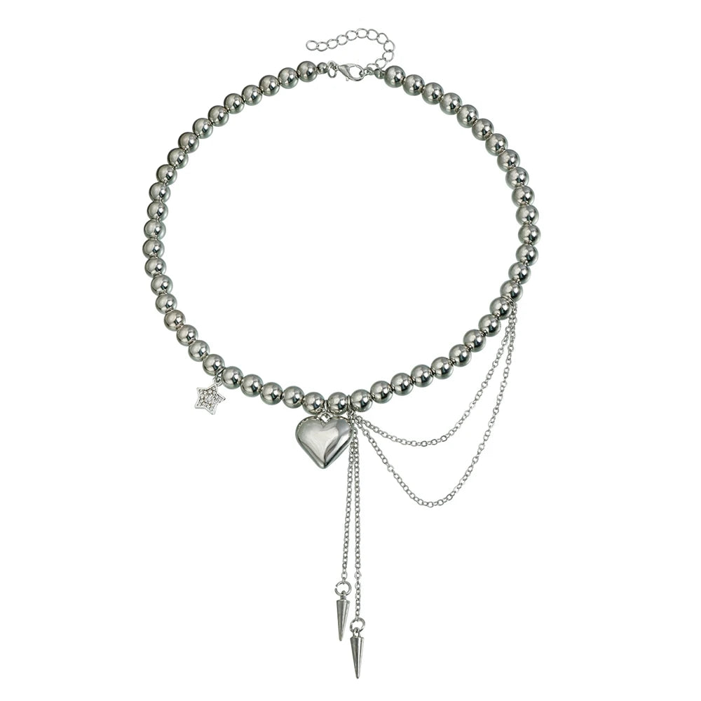 Fashion Trendy Heart Mental Beads Layered Wearing Glamorous Necklaces for Girls Elegant Y2K Jewelry for Women Ladies Accessories