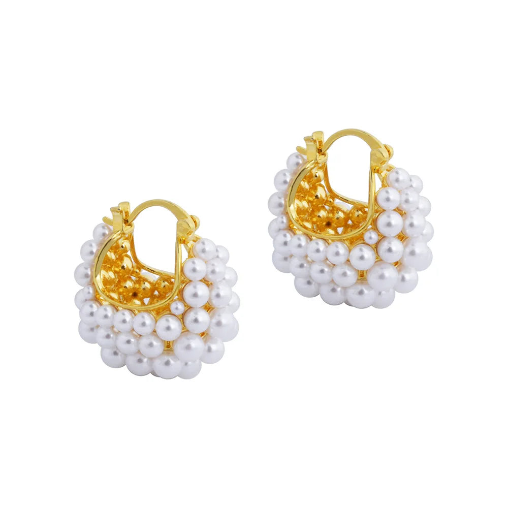 French-style Imitation Pearl Basket Ear Buckles Fashionable Elegant Cluster Beaded Statement Earrings Jewelry Accessories Bulk
