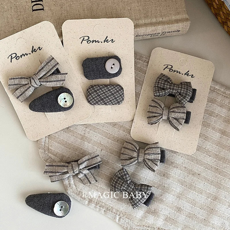 Fashion Bowknot Plaid Stripe Button Hair Clips for Baby Girls Cute Trendy Snap Clips for Kids Children Hair Accessories in Stock