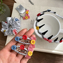 Girls Silver Button Bowknot Chic Headbands Hair Clips Scrunchy Sets Fashion Chic Hair Accessories for Children Thick Thin Hair