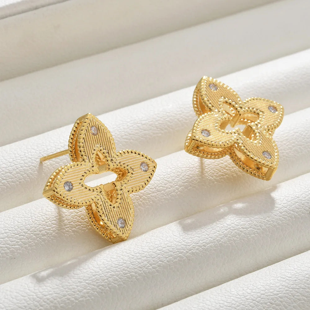 Gold Plated Quatrefoil Flower Stud Earrings Hollow Out Textured Geometric CZ Crystal Jewelry for Women Trendy Ear Accessories