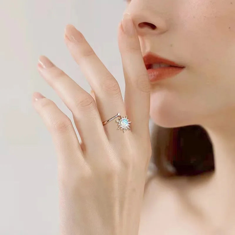 Rotatable Sunflower Moonstone Rings Women's Simple Versatile Design Adjustable Rings Romantic Trendy Jewelry Accessory Wholesale