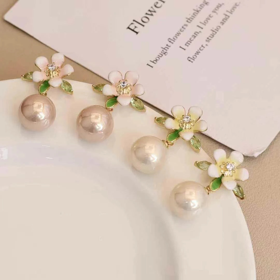 Women Small Rhinestone Imitation Pearl Flower Decorative Small Drop Earring Fashion Elegant Glitter Bulk Daily Jewelry Accessory