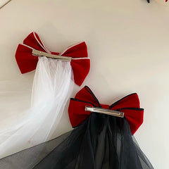 Halloween Red Velvet Bow Plush Veil Hair Clip Princess Bride Fairy Hair Accessories for Women Girls Party Festival Headwear