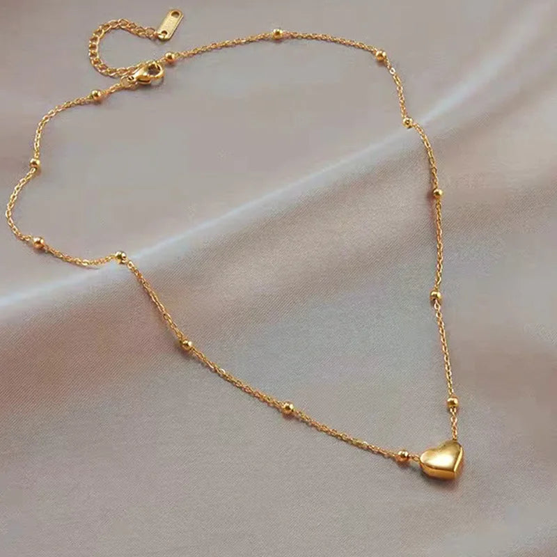 Fashion Heart Pendant Necklace Copper 18K Gold Plated Bead Chain Jewelry for Women Sweet Girl Retro Dainty Accessories Wholesale