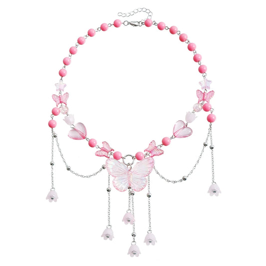 Fashion Sweet Butterfly Tassel Princess Style Necklaces for Girls Fairy Beads Flowers Jewelry for Kids Children Accessories