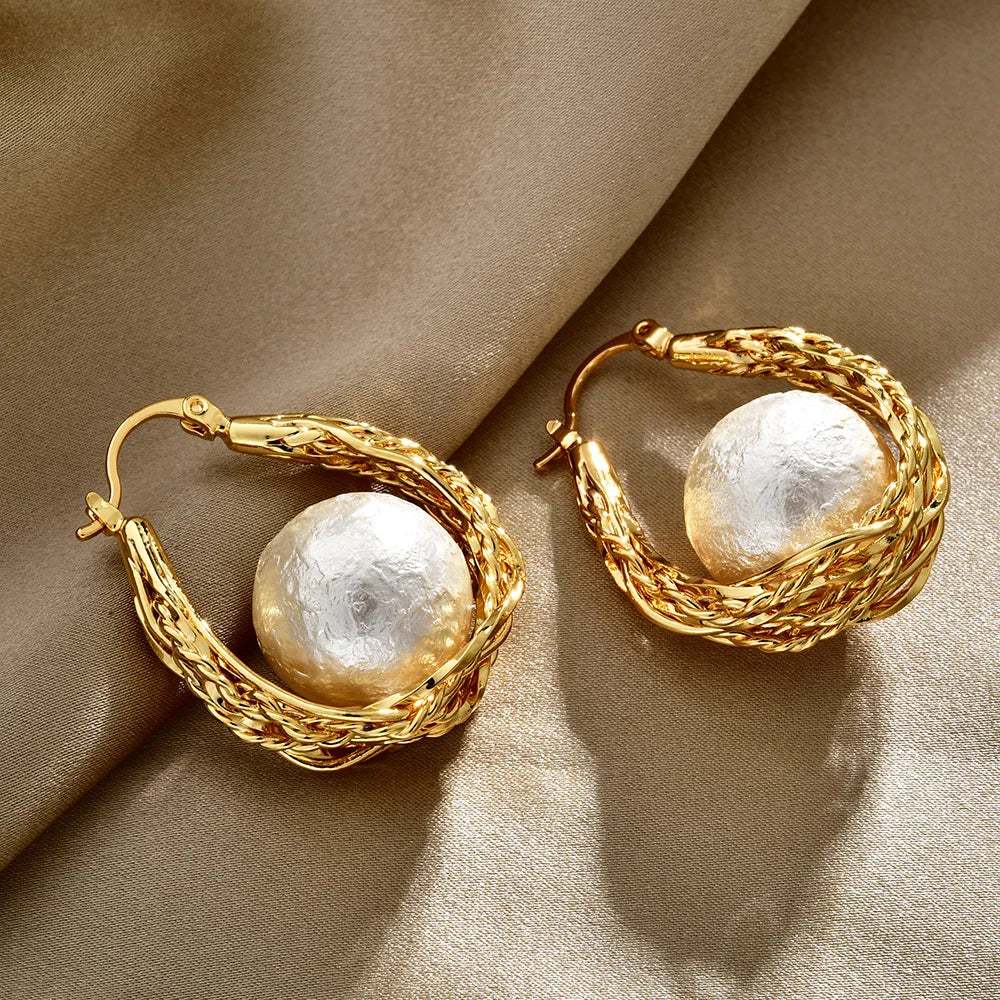 Niche Designer Earring Woven Hemp Pattern Luxury High-end Beads Imitation Pearl Earrings Cold Style Hollow Women's  Earring New