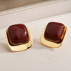 Vintage Burgundy Enamel Stud Earrings Gold Plated Geometric Square Round Minimalist Elegant French Style Ear Jewelry Women Bulk