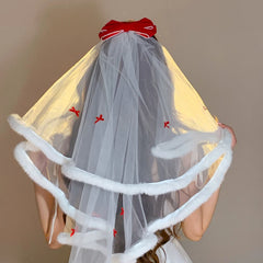 Halloween Red Velvet Bow Plush Veil Hair Clip Princess Bride Fairy Hair Accessories for Women Girls Party Festival Headwear