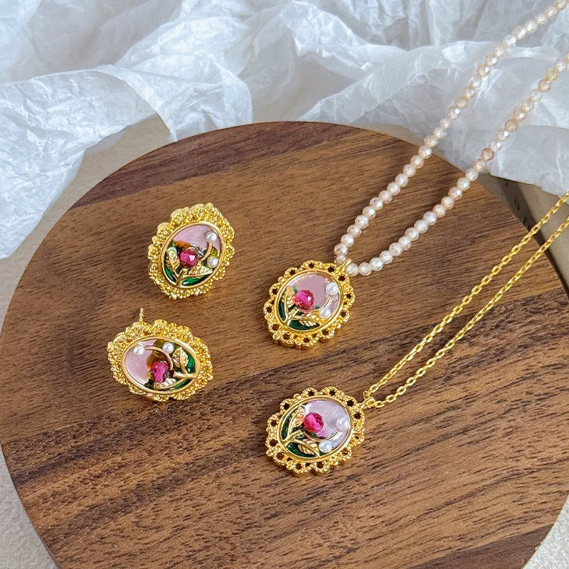 Female Flower 0.2cm Natural Stone Chain bar 18k Gold-plated Drip Glaze Hand-Painted Necklace Earring in Stock Jewelry for Daily