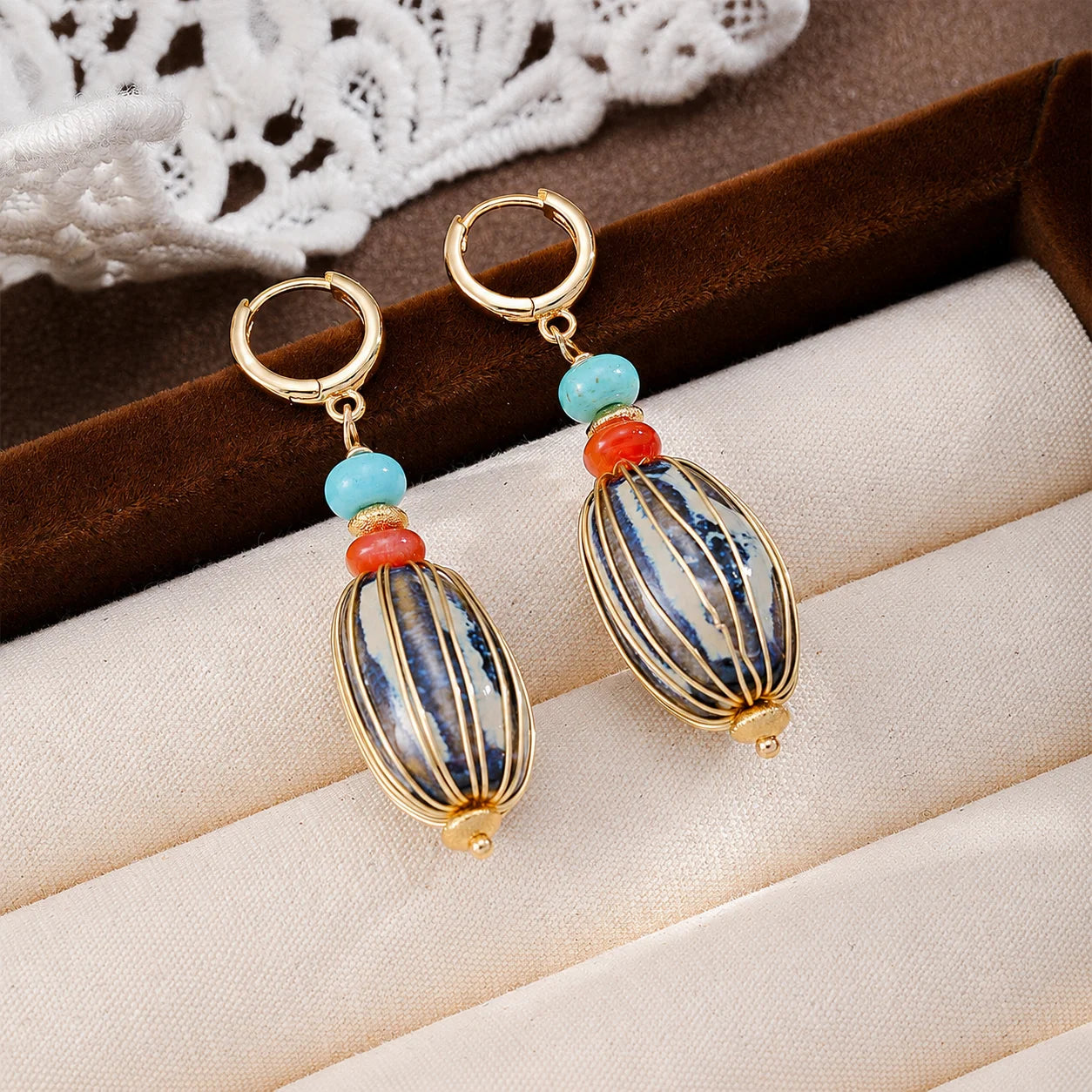 Fashion Ceramic Red Agate Turquoise Copper 18K Gold Plated Jewelry Sets for Girls Necklaces Drop Earrings for Women Ladies Bulk