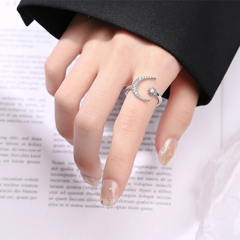 Hot Sale Elegant Dainty Moon and Star Open Rings Women Adjustable Cubic Zirconia Celestial Design Fashion Jewelry Gift Wholesale