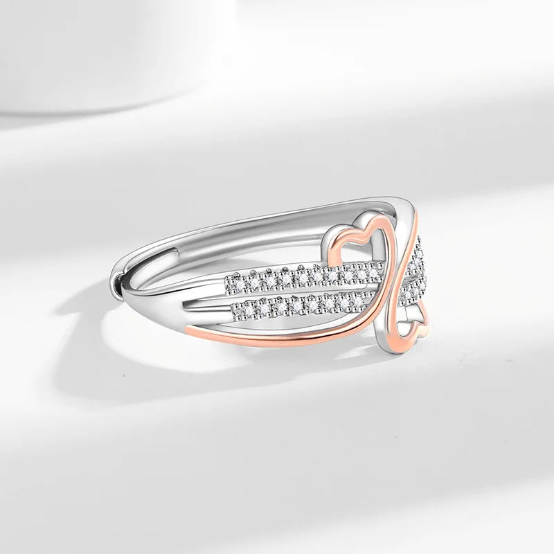 Separated Heart Open Rings Women Adjustable Cubic Zirconia Band Elegant Romantic Light Luxury Fashion Jewelry Gift Wholesale