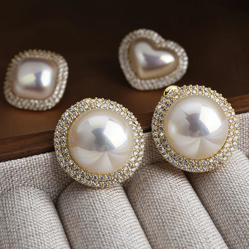 Light Luxury High-End Imitation Pearl Stud Earrings Women's Geometric Zircon Korean Sweet Elegant Fashion Earrings Jewelry Bulk