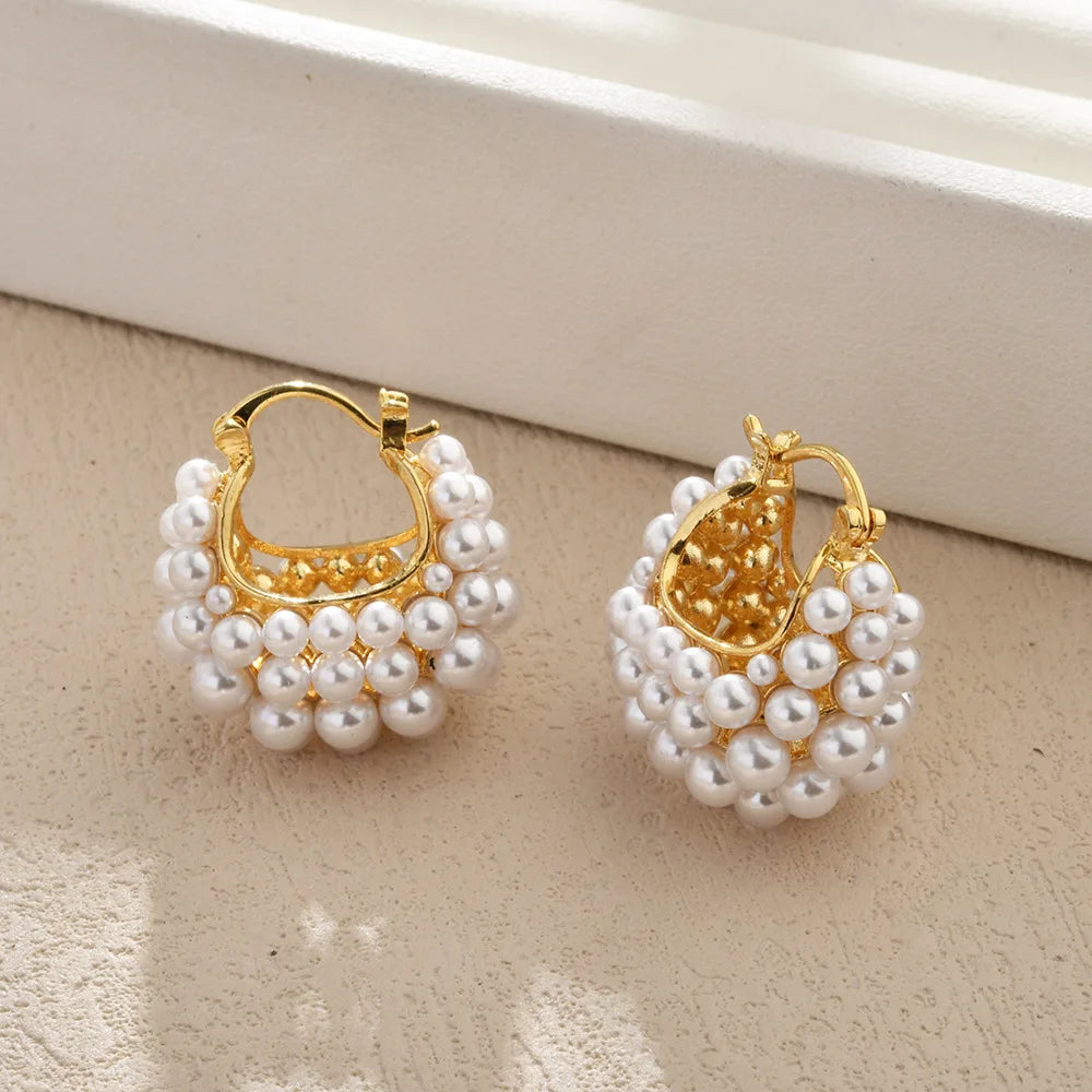 French-style Imitation Pearl Basket Ear Buckles Fashionable Elegant Cluster Beaded Statement Earrings Jewelry Accessories Bulk