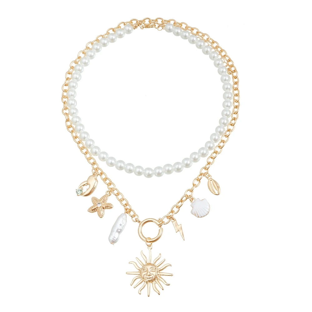 Fashion Beads Sun Star Shell Layered Wearing Necklaces for Girls Elegant Imitation Pearl Jewelry for Women Ladies Accessories