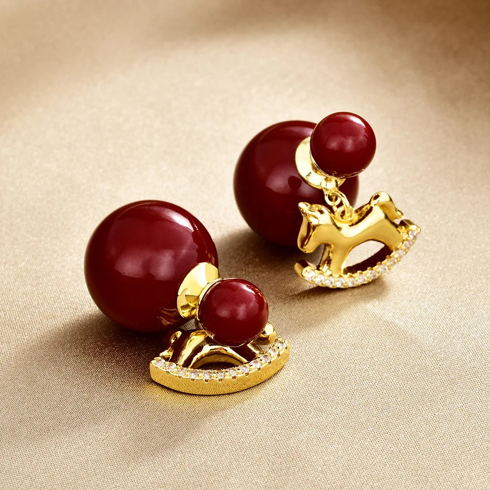 New Style Horse New Year Earrings Fashion Charm Red Imitation Pearl Stud Earrings for Horse Year Festival Ear Accessories Bulk
