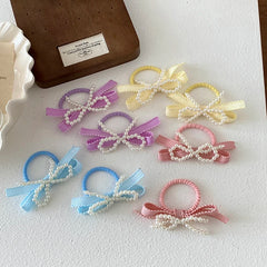 Girls Solid Color Imitation Pearl Bowknot Small Scrunchies Ponytail Holder Sweet Fashion in Stock Hair Ties Accessories for Kids