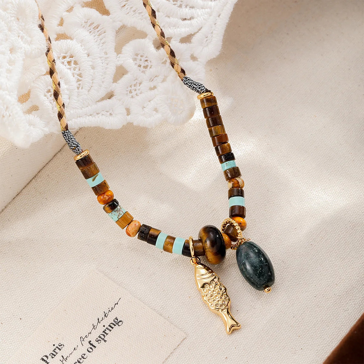Unisex Tiger Eye Stone Braided Rope Golden Thread Blue Turquoise Necklace Fashion Trendy Factory Price in Stock Daily Jewelry