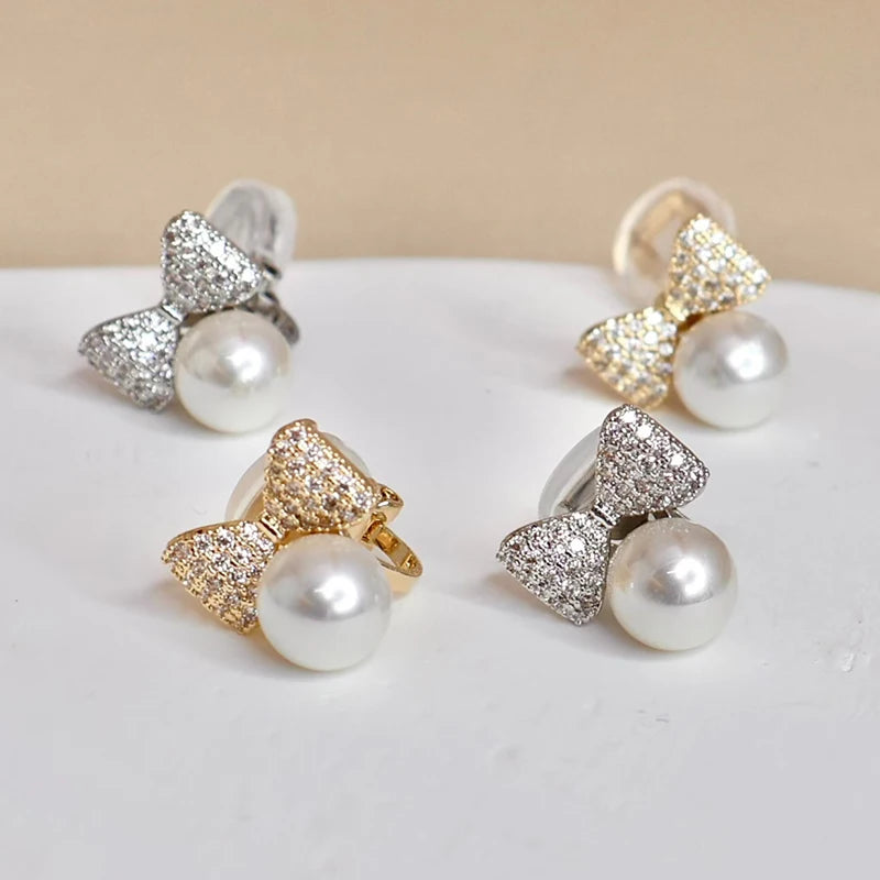 Fashion Imitation Pearl Sweet Elegant Bowknot Clip on Earrings for Girls Art Deco Dainty Jewelry for Women Ladies Accessories