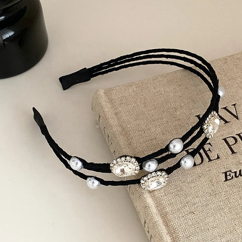 Women Hot Sale Solid Color Rhinestone Imitation Pearl Slim Hairband Fashion Chic Elegant Customized in Stock Headband Accessory