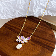Female Flower Purple Chain Freshwater Pearl 18k Gold-plated Necklace Fashion Elegant Beauty Low MOQ in Stock Jewelry for Daily