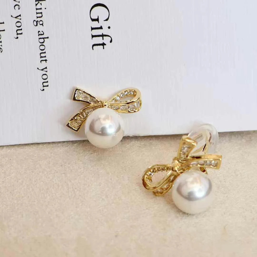 Fashion Trendy Bowknot Glitter Imitation Pearl Clip on Earrings for Girls Elegant Sweet Jewelry for Women Ladies Accessories