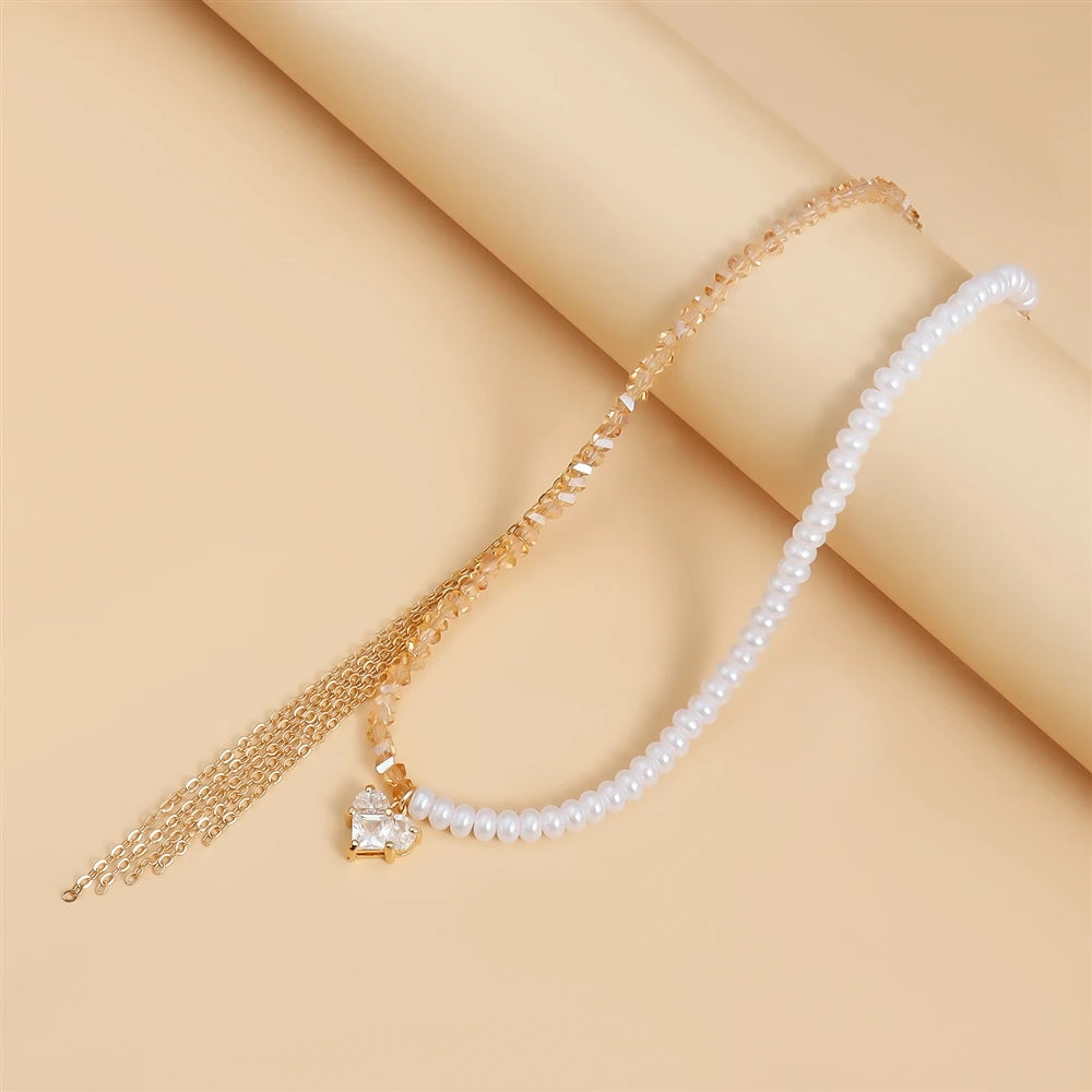 Fashion Tassel Heart Shaped Imitation Pearl Glitter Necklaces for Girls Sweet Elegant Jewelry for Women Ladies Accessories