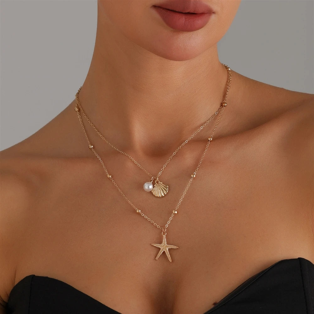 Fashion Layered Wearing Sweater Chain Necklaces for Girls Sweet Sea Ocean Elegant Jewelry for Women Ladies Accessories Wholesale