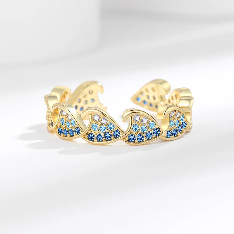Cross-border Summer Zircon-encrusted Wave Rings Fashionable Simple Women's Elegant Sweet Jewelry Gift Idea Accessories Wholesale
