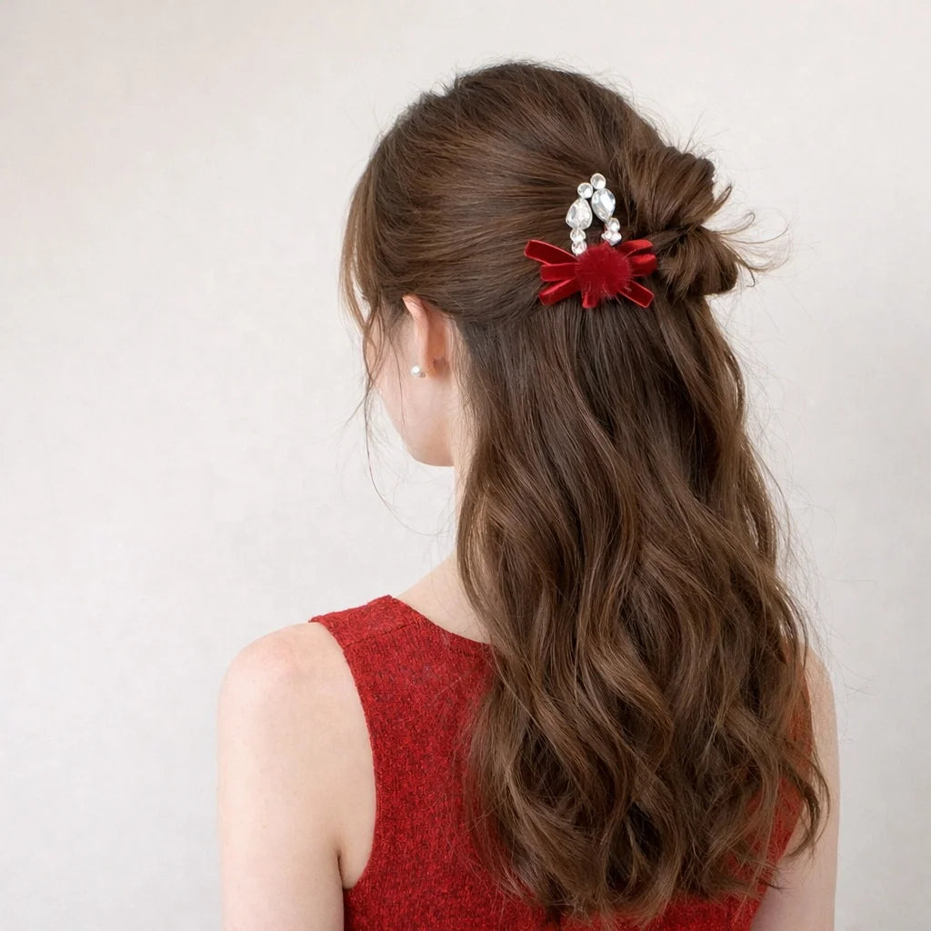 Red Velvet Hair Clip with Crystal Rhinestone and Faux Fur Pom Pom Hair Clips for Women Girls Fashion Hair Accessories Wholesale