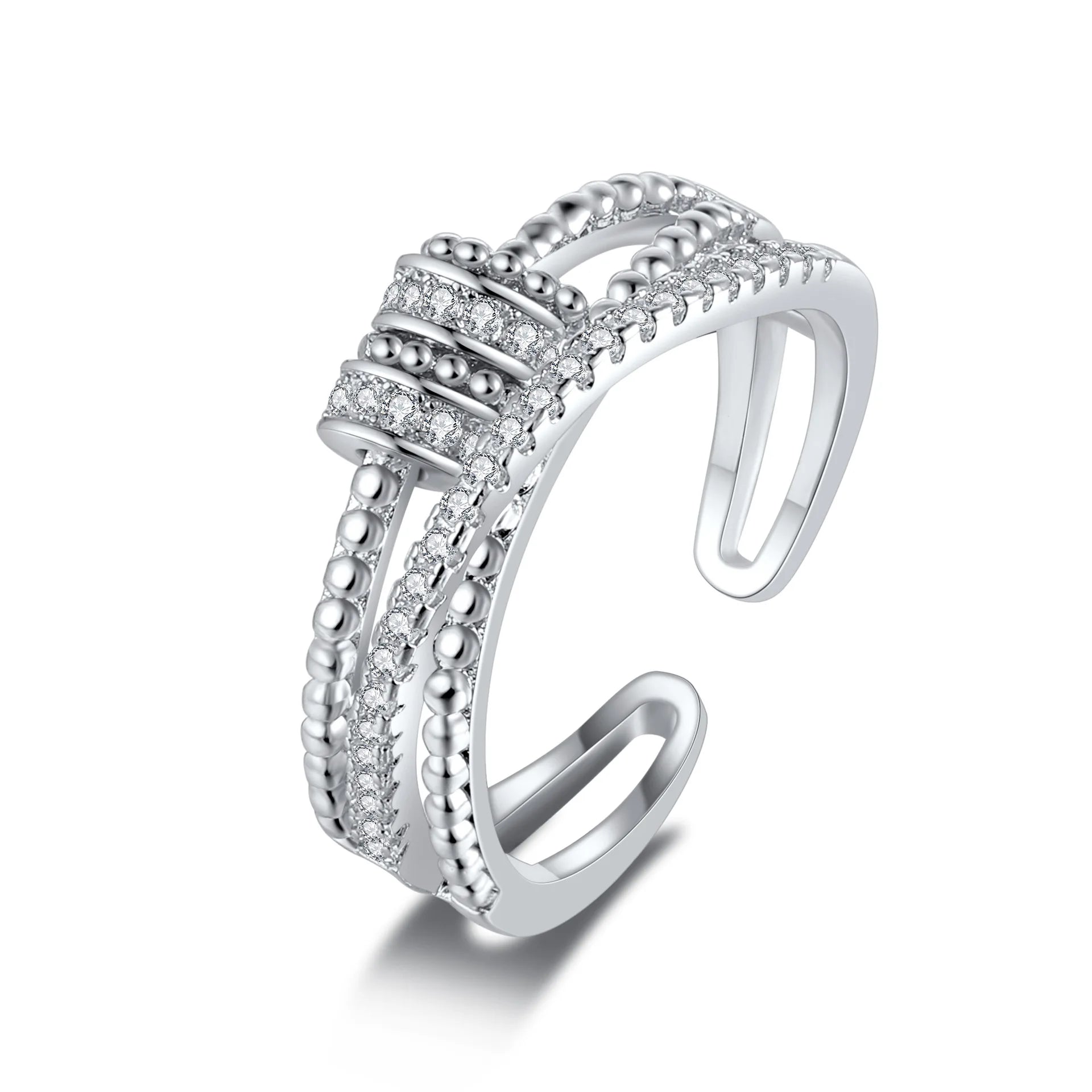 Double-layer Zircon Open Rings Women's Adjustable Beaded Band Stress Relief Rings Elegant Fashion Jewelry Accessories Wholesale