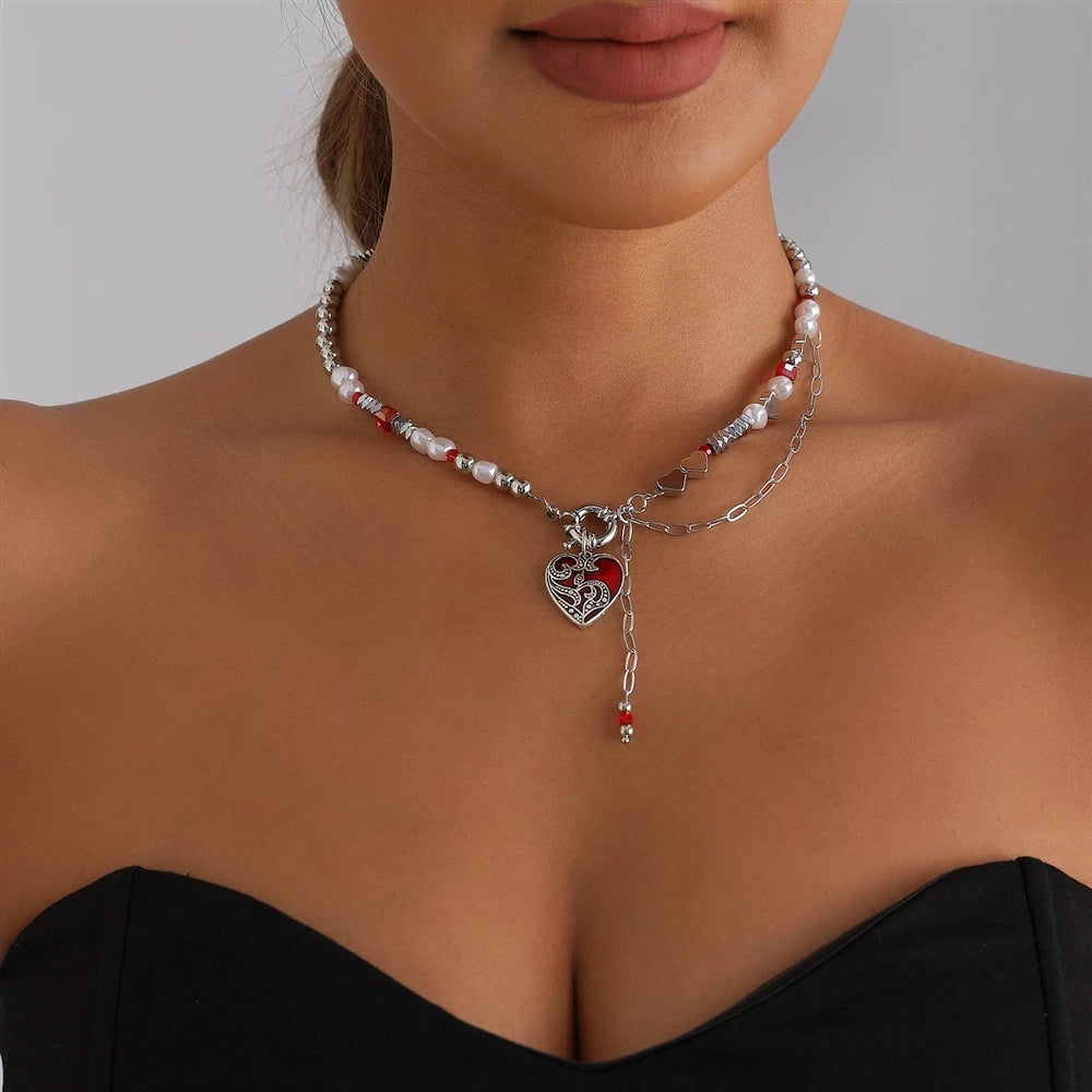 Fashion Punk Y2K Glitter Heart Necklaces for Girls Links Sweet Spicy Glamorous Jewelry for Women Ladies Accessories Wholesale