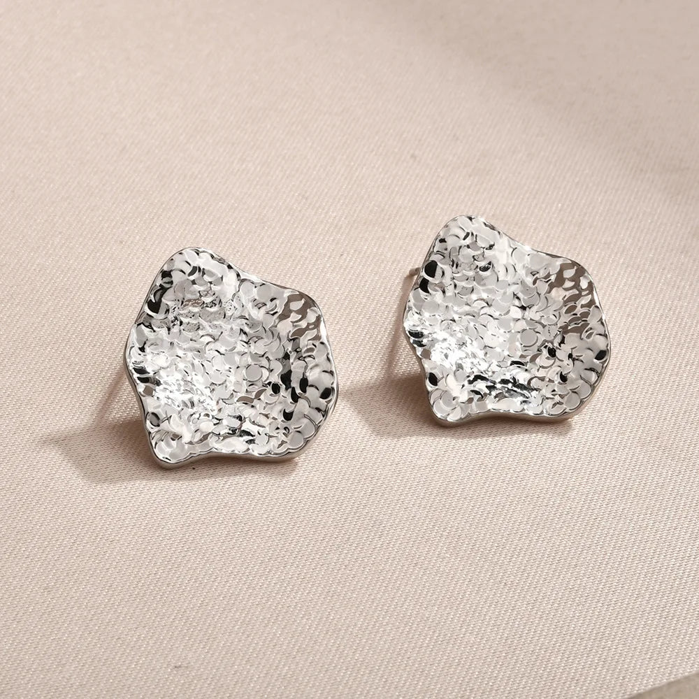 Fashion Copper Stud Earrings Pleated Metal Flashing Texture Earpins Round Square Irregular Earrings Wholesale European American