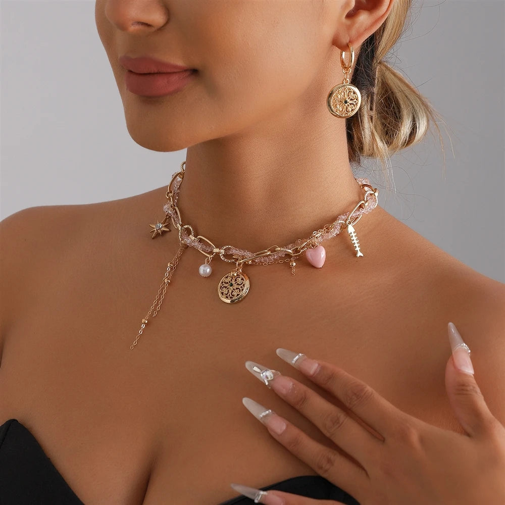 Fashion Beads Sweet Bold Layered Wearing Necklaces for Girls Trendy Earrings Jewelry Suits Sets for Women Ladies Accessories