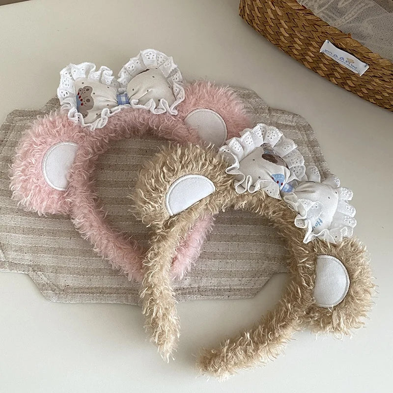 Cute Sweet Fashion Bear Ear Bowknot Fluffy Hair Band for Baby Girls Kawaii Animals Head Band for Kids Children Hair Accessories