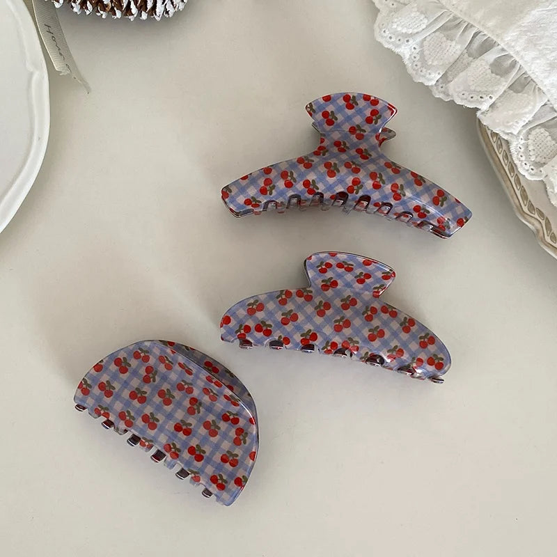Female Acrylic Cherry Hair Claws Check Pattern Korean Simple Sweet Shark Hair Clip for Girls Hair Clutch Wholesale Accessories