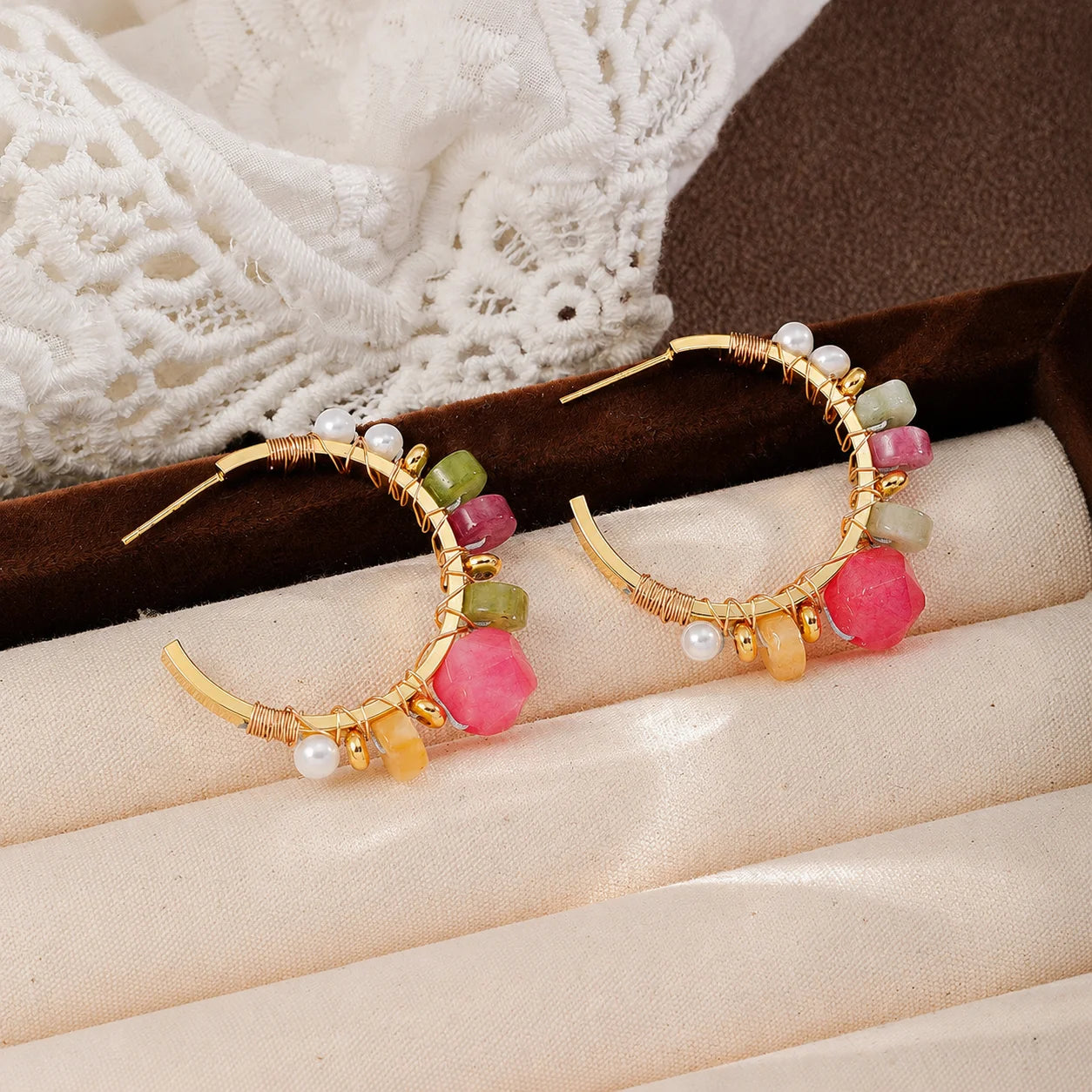 Fashion Copper Wire Pearl Natural Stone Crystal Turquoise Hoop Earrings for Girls Boho Trendy Jewelry for Women Ladies Wholesale