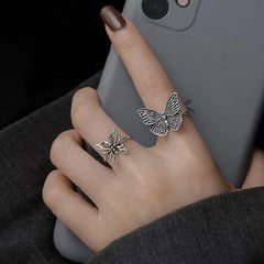 Vintage Silver Butterfly Open Rings Women Adjustable Boho Statement Insect Design Hollowed-out Rings Fashion Jewelry Gift Bulk
