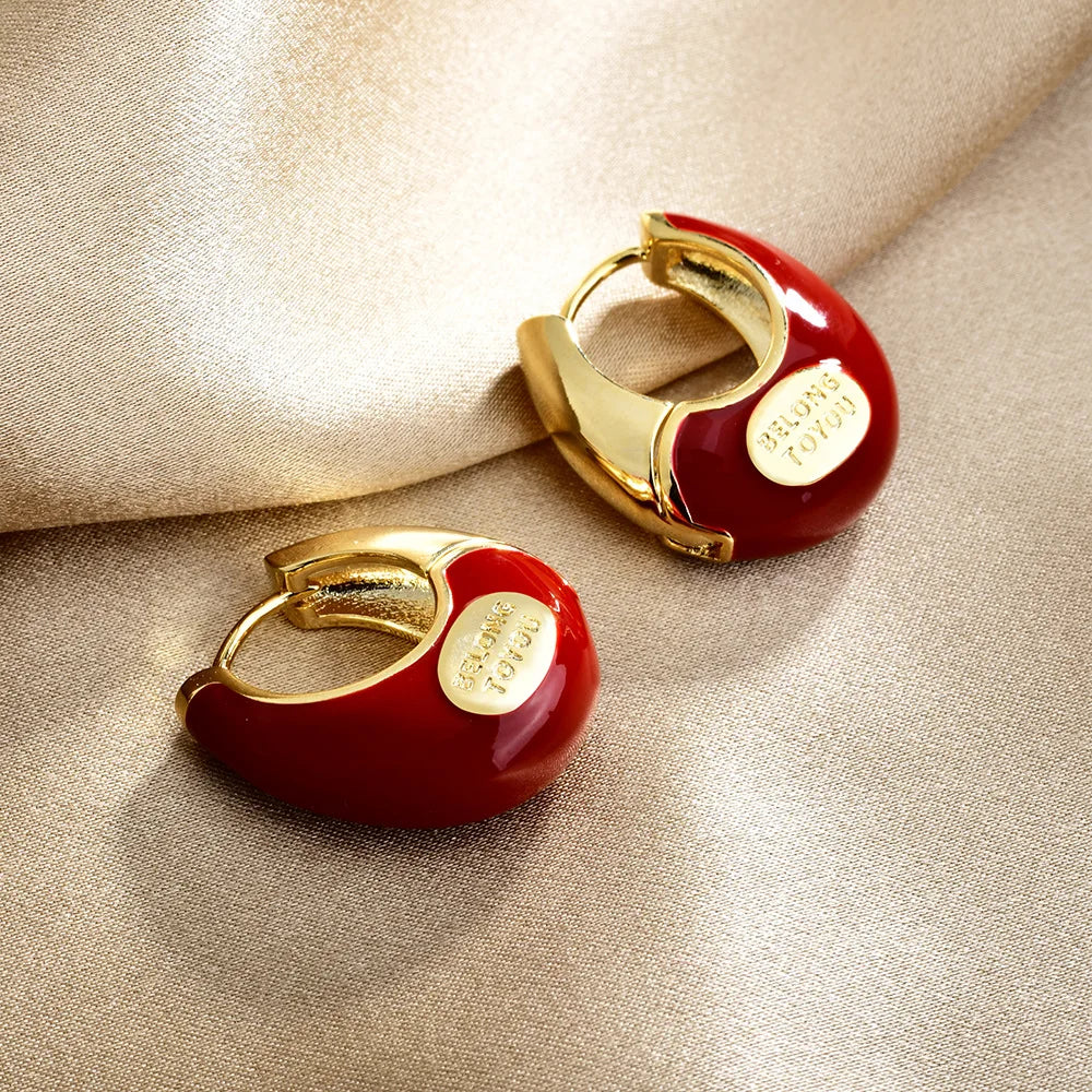 French Retro Women's Earrings Fashionable Red Enamel Oil Drip Elegant Ear Buckle Light Luxury High-end Hoop Earrings Accessories