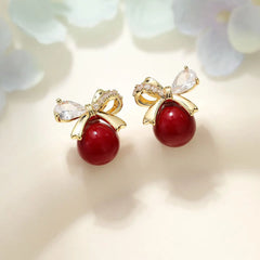 Fashion Trendy Bowknot Fruits Cherry Stud Earrings for Girls Sweet Cute Charms Glamorous Jewelry for Women Ladies Accessories
