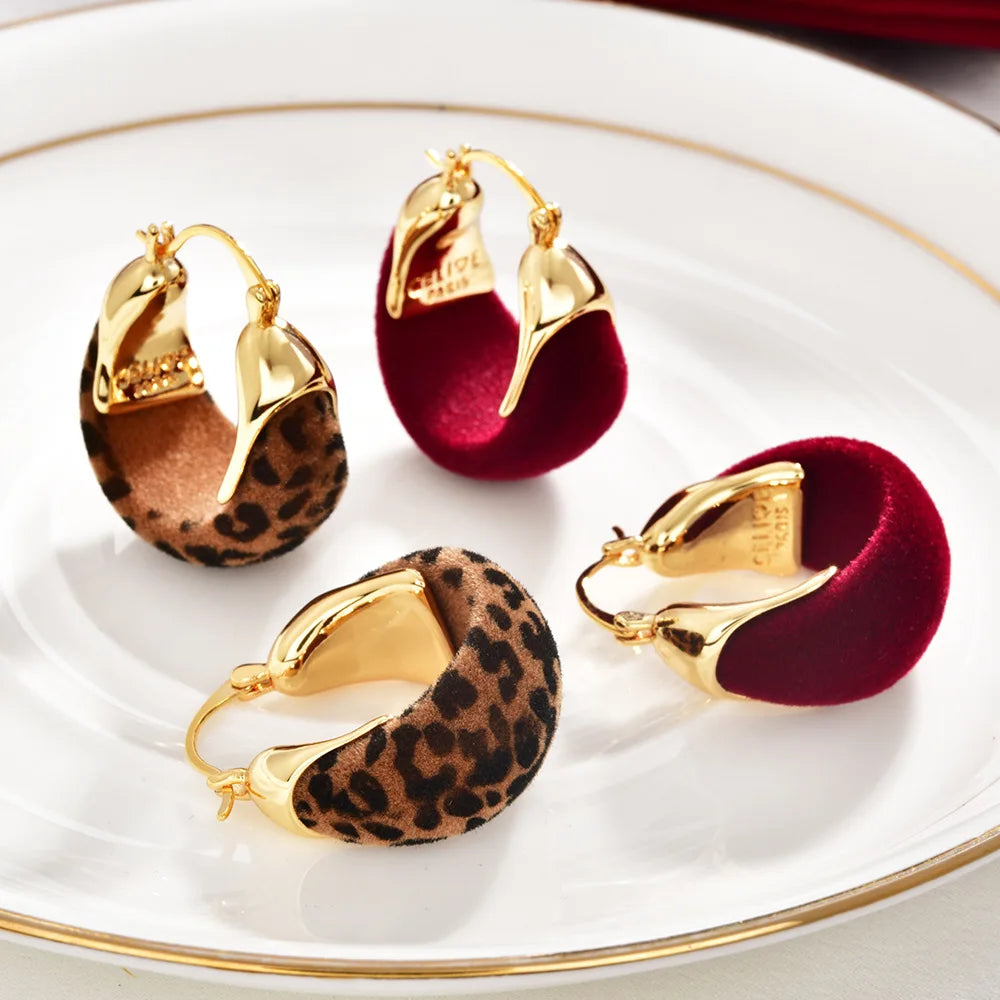 Female Vintage Hoop Earrings Leopard Print Red Ear Earrings Niche Design Unique Fashion High-end Earrings Autumn Winter Jewelry