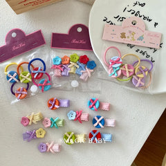Girls Button Bowknot Decorative Small Hair Ties Alligator Clips Sweet Cute Thin Hair Scrunchies Hairpin Accessories for Children
