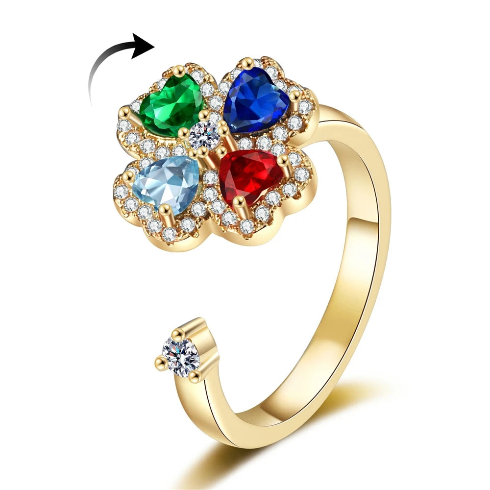 Rotating Four-leaf Clover Zircon Rings Colorful Multi-color Shining Adjustable Open Ring Women High-end Light Luxury Accessories