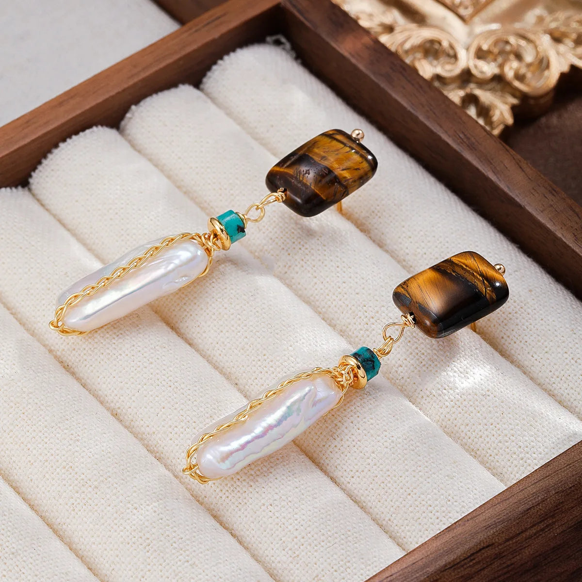 Fashion Tiger Eye Stone Turquoise Baroque Pearl Drop Earrings for Girls Elegant Jewelry for Women Ladies Wholesale Stylish Boho